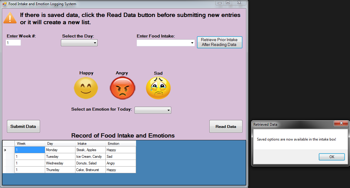 Image of application with read data button message box