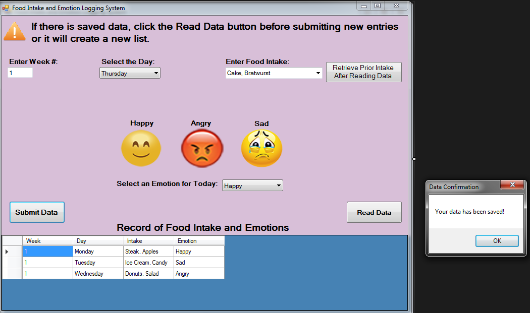 Image of application with save button message box